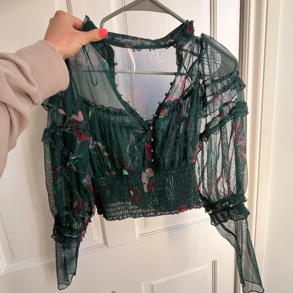 Free People Floral Sheer Green Top